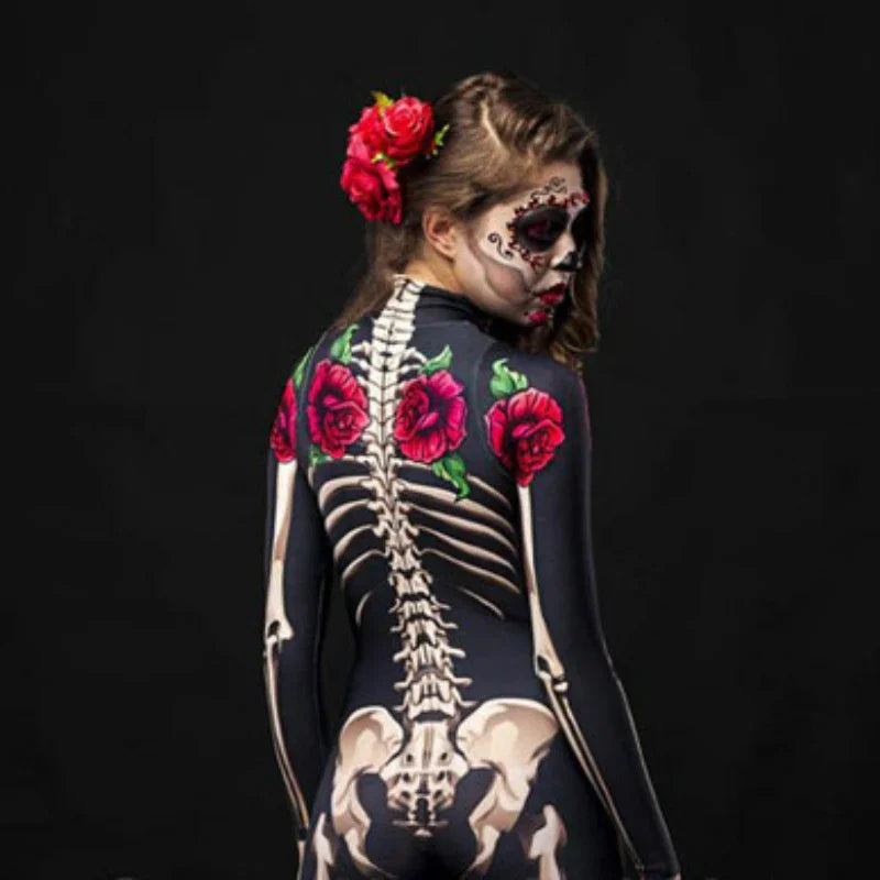 Women Cosplay Skeleton Rose Sexy Bodysuit Halloween Devil Ghost Specter Jumpsuit Romper Party Carnival Performance Scary Costume - Seprincess