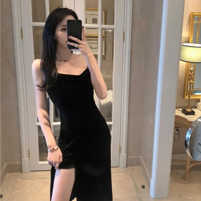 New 2022 Vintage Women Dress Spaghetti Strap Slit Velvet Black Dress Sexy Bodycon Bandage Dress Midi Party Dress Verano Vestidos - Seprincess