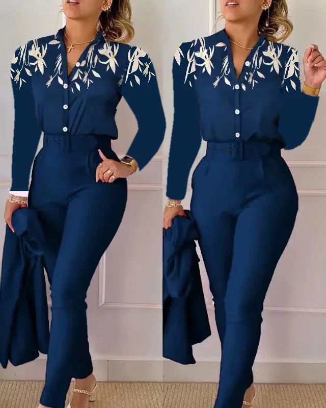 Elegant Women Printed Two Piece Suit Sets Spring Autumn V Neck Long Sleeve Shirt Top & Long Pants Set With Belt Workwear Outfits - Seprincess