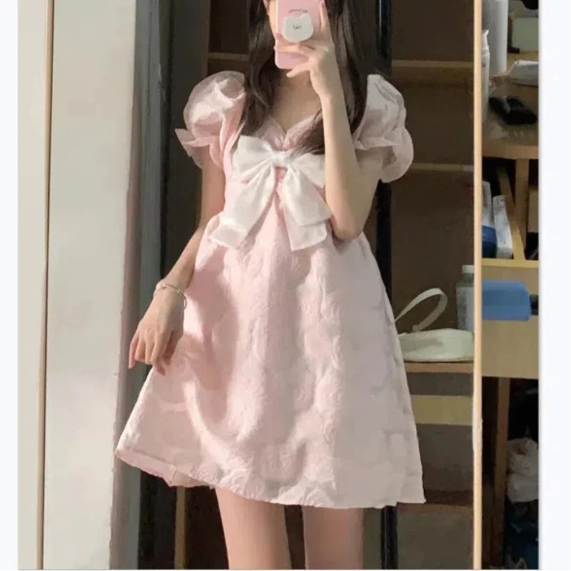 Japanese Bow Women's 2024 Summer New Spliced Puff Sleeve V-neck Flower Fashion Solid Color Slim All-match Princess Party Dresses - Seprincess