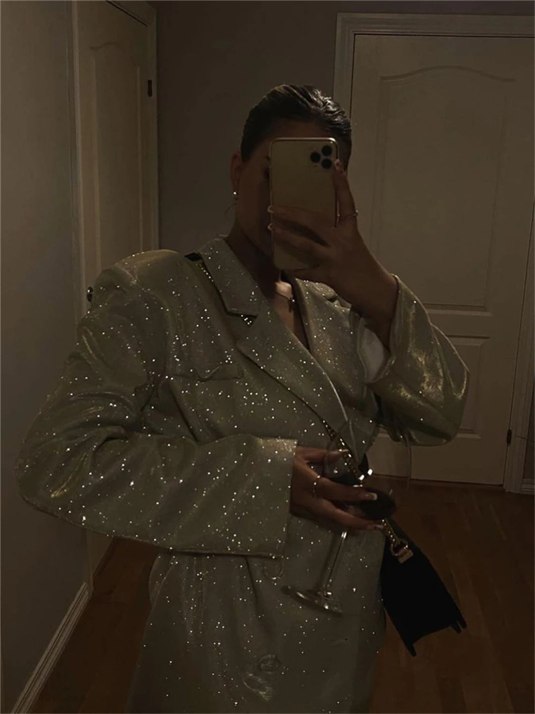 Tossy Glitter Silver Party Two Piece Pants Set Women Club Night Outfits Fashion Sparkly Blazer Matching Sets Femme Tracksuit