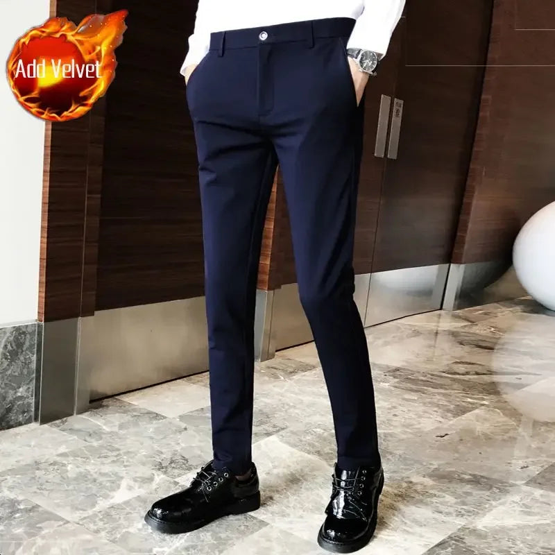 Elastic Business Tressed Male Suit Trousers 9 Cropped Fluid Stretch Social Tailoring Men's Summer Pants Draped Slim Fit Fabric