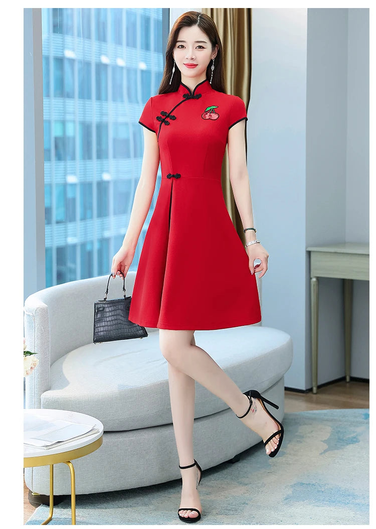 Chinese Style Summer Improved Cheongsam Slim Midi Short Sleeve Modern Qipao Dress Women Clothing CNY - Seprincess