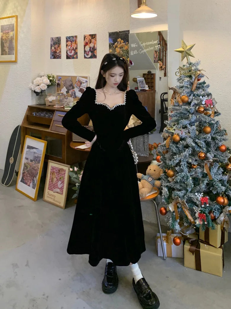 Woman's Party Evening Engagement Velvet Dress Black Vintage Prom Birthday Red Dress Long Sleeves Formal Christmas Clothing Robe - Seprincess