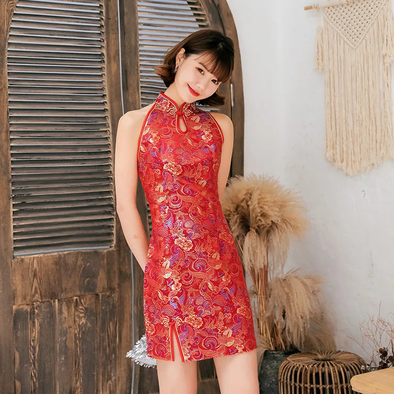 Black Oversize 3XL Chinese Dress Vestidso Traditional Women Sexy Satin Summer New Sleeveless Mini Cheongsam Print Elegant Qipao - Seprincess