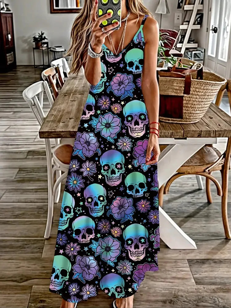 Halloween Horror Pumpkin Atmosphere Print Sexy Strap V-Neck Dress Summer Festival Party Sleeveless Dinner Long Evening Dress - Seprincess