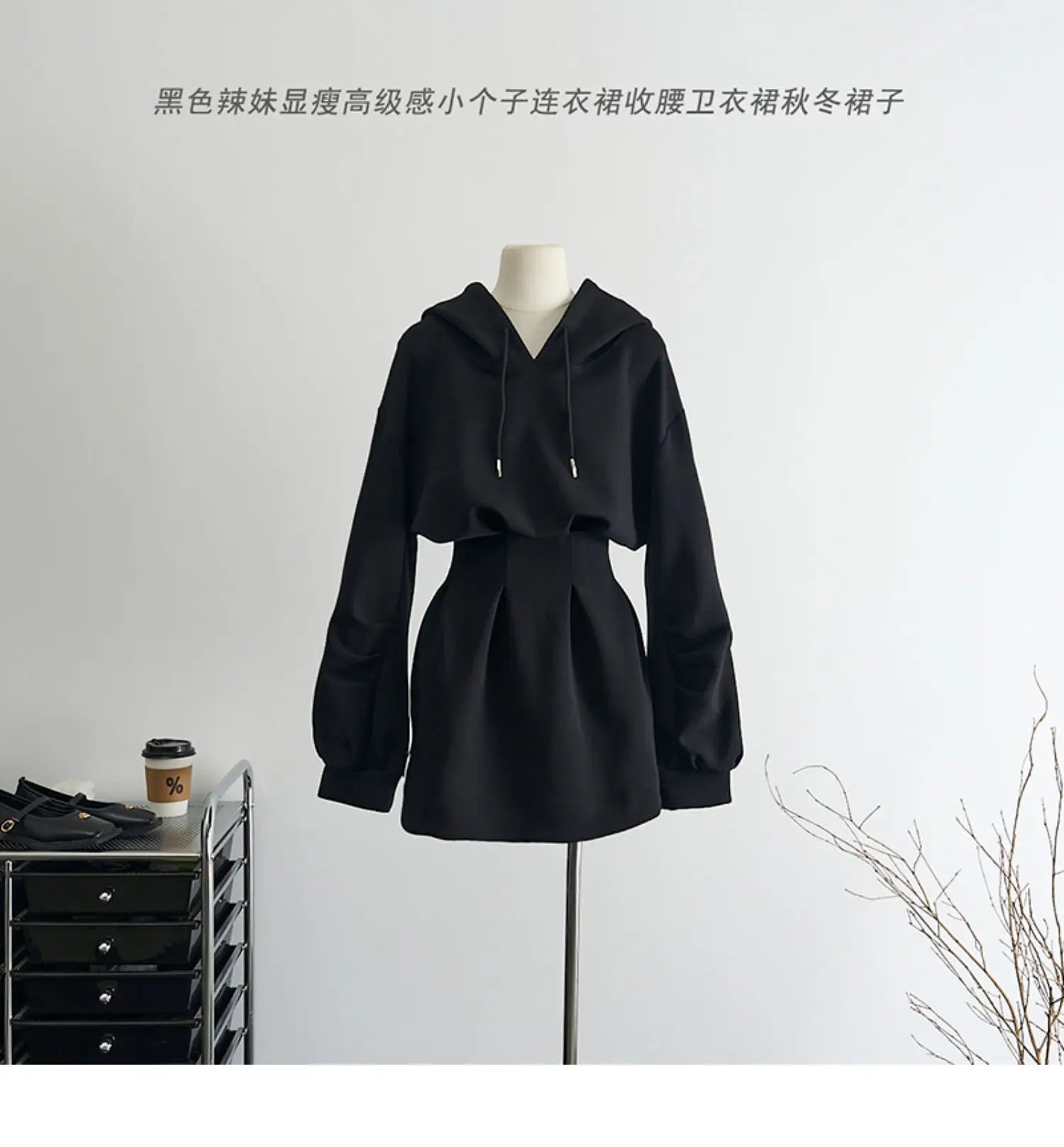 Autumn Winter Y2k Long Sleeve Midi Hoodies Dress Women 2000s Aesthetic Tunic Frocks Solid Color One-Piece Gyaru Dark Academia - Seprincess