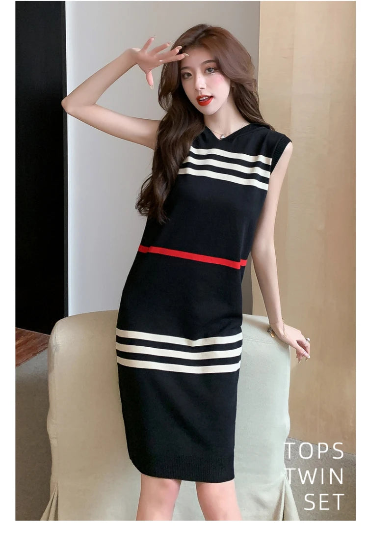 YUQI Basic Striped Knitted Dress Summer Casual Loose Hooded Sleeveless Knee-Length Dresses for Women 2024 Elegant Sweet Vestidos