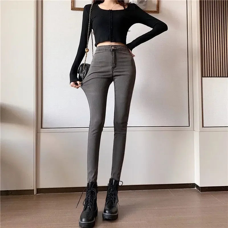 Slim Fit Pants for Women with Pockets High Waist Shot Trousers Skinny Gray Womens Jeans New in 2000s Y2k R Vintage Shiny on Sale