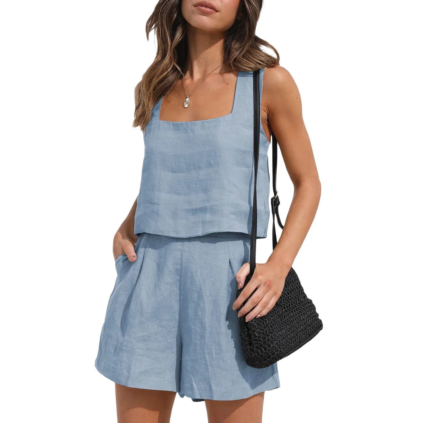 Short Suit Women 2 Pieces Set Vest Shorts Outfit Solid Color Sleeveless Spring Summer Pockets Casual Daily Linen Female Clothing