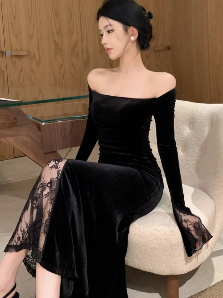 Women's Sexy Black Velvet Dress Elegant Chic Off Shoulder Lace Split Evening Party Dresses Autumn Female Bodycon Vestidos Mujer - Seprincess