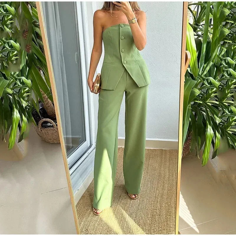 Sexy Stapless Top Pants Set Women Solid Single Breasted Tops High Waist Wide Leg Pant 2024 Summer Autumn Lady Elegant Outfits - Seprincess