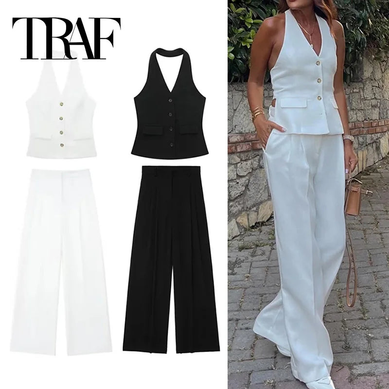 TRAF Women Pants Sets Off Shoulder Sleeveless Vest Top Female Wide Leg Pants Women 2 Piece Set Outfit Elegant Women's Pants Suit - Seprincess