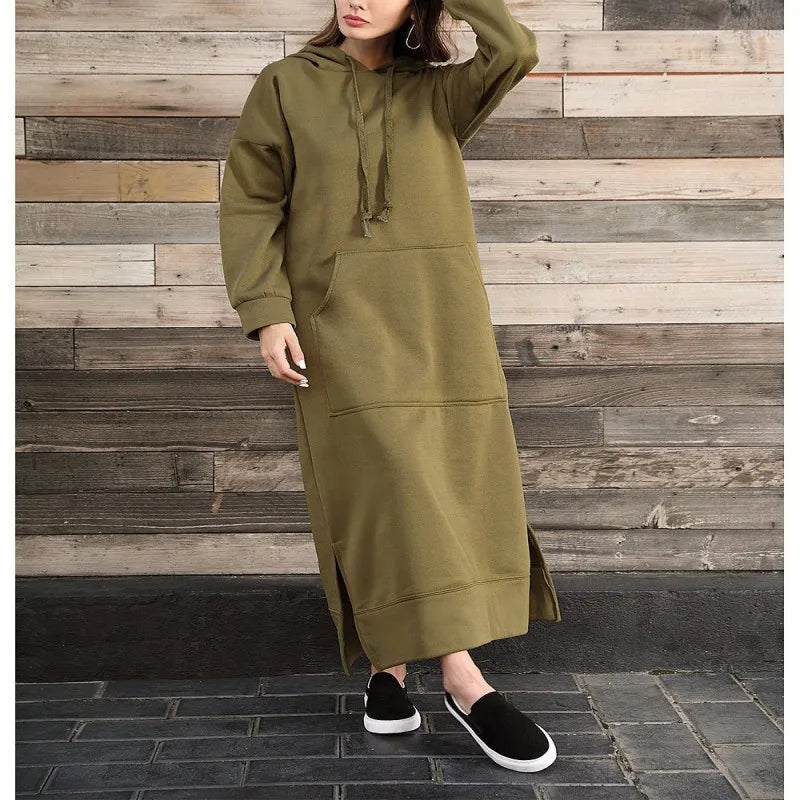 Autumn Winter Women's Loose Knitted Hooded Long Dress Plush Warm Casual Large Pocket Dresses For Women