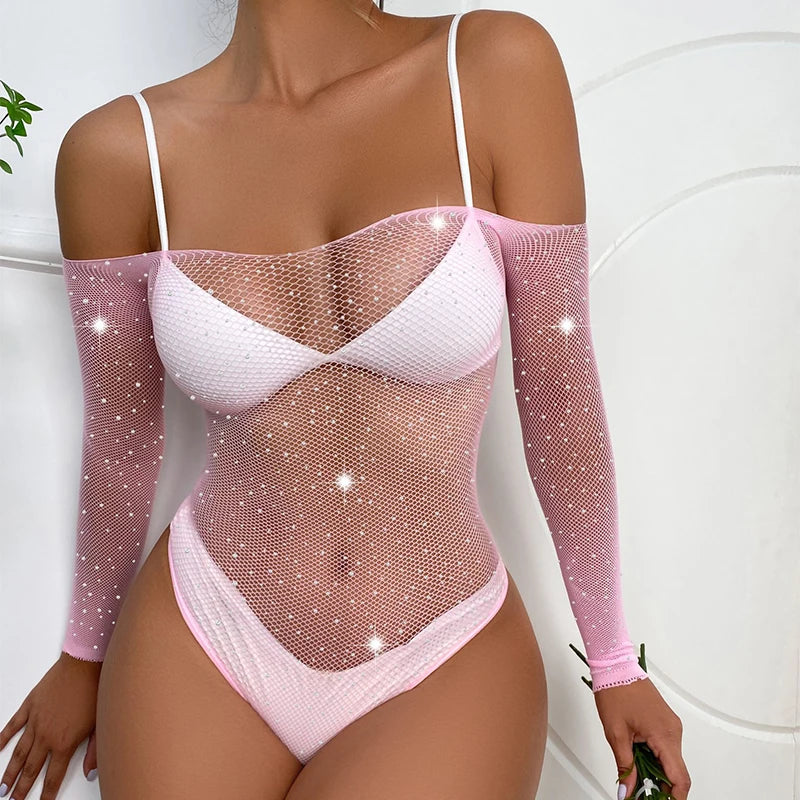 Sexy outfits lingerieBright diamond hollowed out mesh shirt with integrated perspective thong bra sets sexy woman clogs xxx - Seprincess