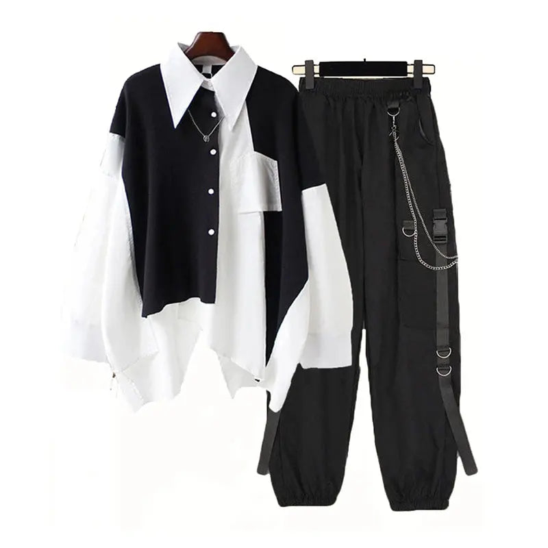 2PCS Women's Streetwear Outfits Loose Long Sleeve Shirt Ribbon Chain Cargo Pants 2 Piece Sets Korean Casual Unisex Couple Suit - Seprincess