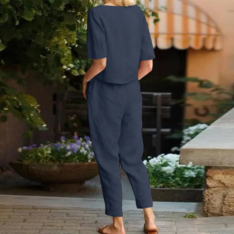 Women's Pullover Shirt And Pants Two-piece Set 2024 Women's Cotton And Linen Summer Suit Short Sleeved O-neck Outfit Pants - Seprincess