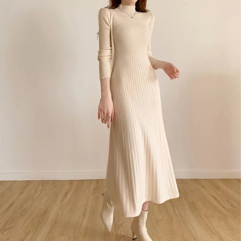 Autumn Winter 2024 Slim Long Sleeve Party Midi Dress for Women Knitted Half High Collar Elegant Knitted Sweater Dresses Ladies - Seprincess