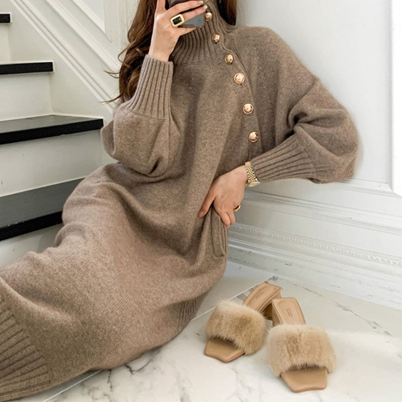 WTEMPO Women's Vintage Long Sleeve Knitwear Loose Buttoned Turtleneck Sweater Dress Autumn Winter Sexy Mid Long Knitted Dresses - Seprincess