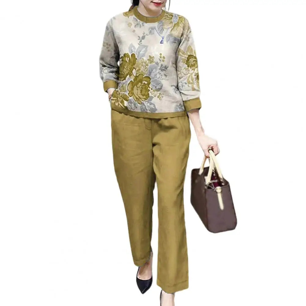 Fashion Women Loose Print Set Female Cotton Linen Outfits Commuter Elegant O-Neck Long Sleeve Tops Shirt And Straight Pants Suit - Seprincess