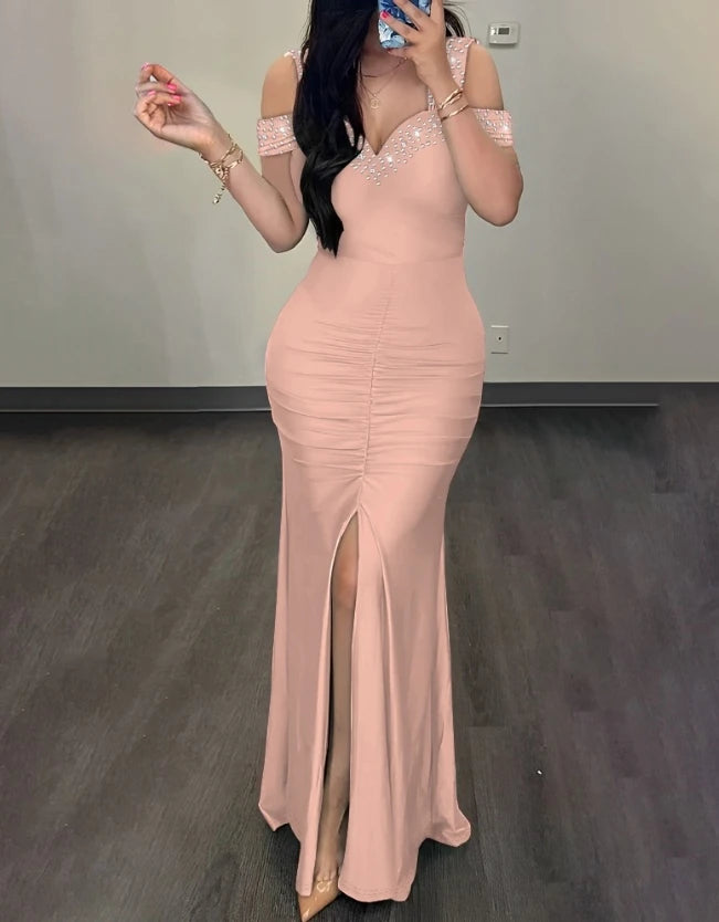 Elegant Evening Party Dresses for Women Rhinestone Cold Shoulder Slit Ruched Party Dress New Fashion 2023 Female Clothing - Seprincess