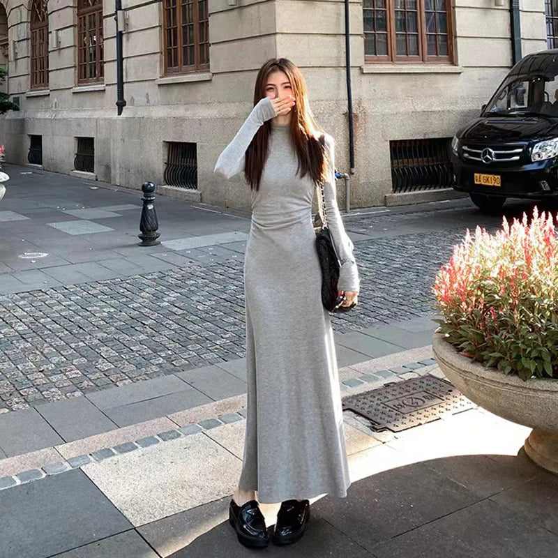 Autumn Half Turtleneck Dress Women Korean Elegant Black Hepburn Style Midi Dress Y2K High Waist Long Sleeve Warm A Line Vestidos - Seprincess