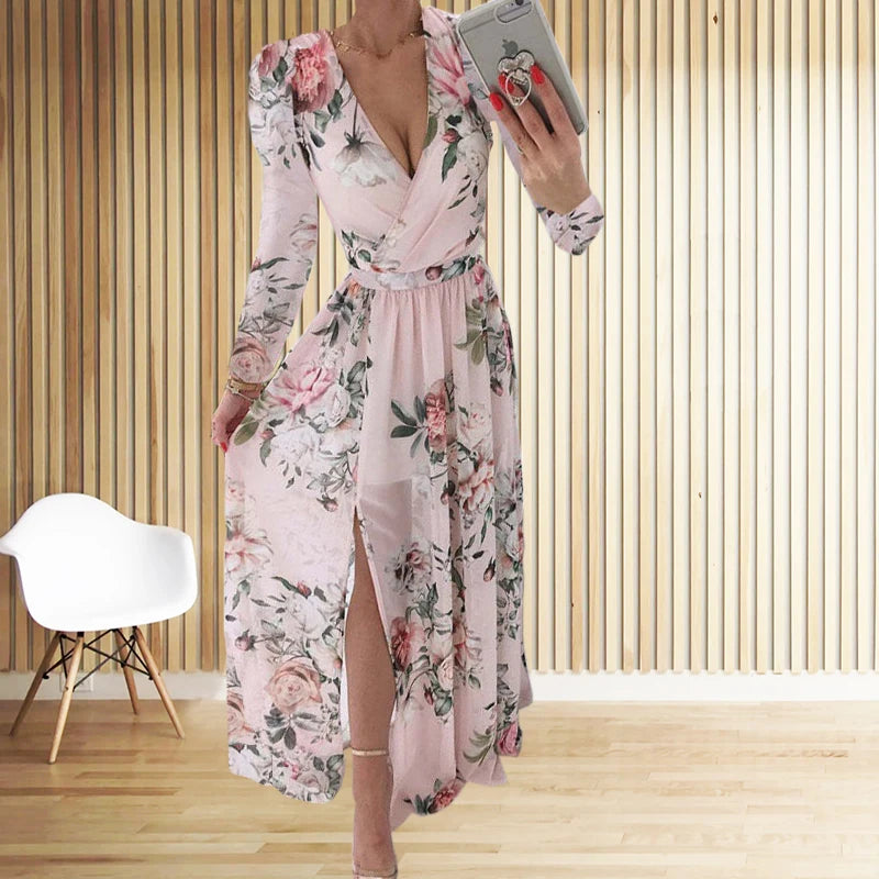 Amazon eBay Cross border 2024 Summer Chiffon Printed Long Dress V-neck Dress Long Sleeve Split Dress Women - Seprincess