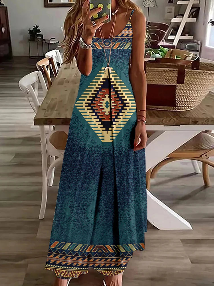 Summer Casual Everyday Women's Halter Dress Vintage Ethnic Print Dress Street Fashion Sleeveless Dress Holiday Party Long Dress - Seprincess