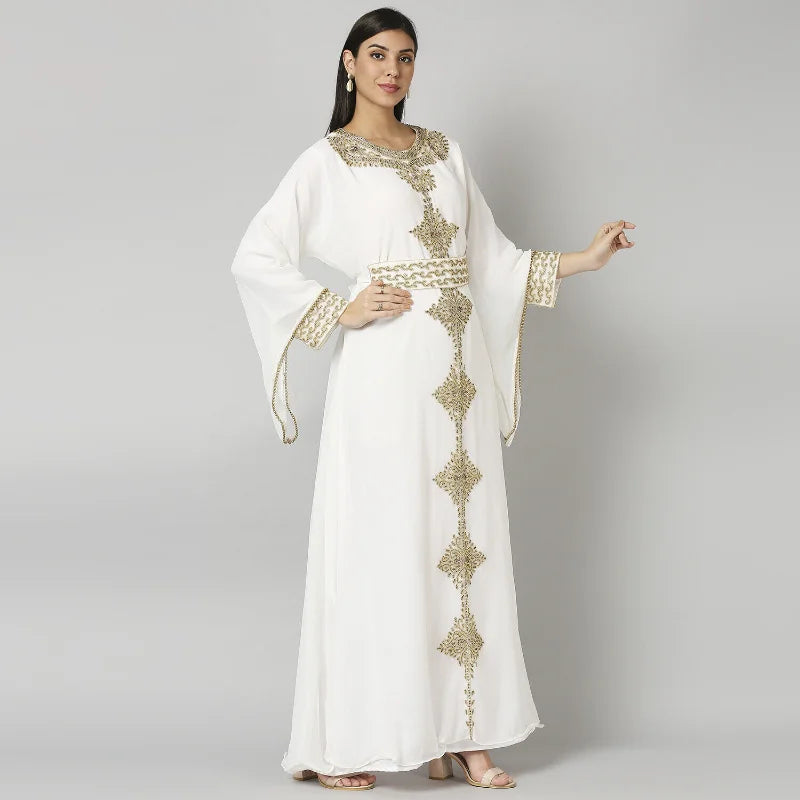 Off-White Morrocan Dubai Kaftans Ramadan Abaya Fara Maxi Gown Dress Fashion Trends - Seprincess