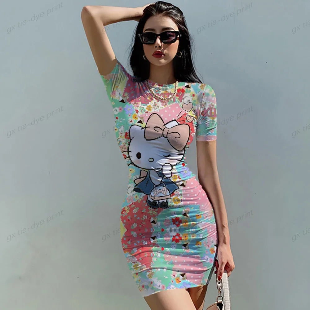 Short Sleeve Bodycon Mini Dress Women Sexy Party Club Evening Birthday Hello Kitty Print Dresses 2024 Spring Summer Wholesale - Seprincess