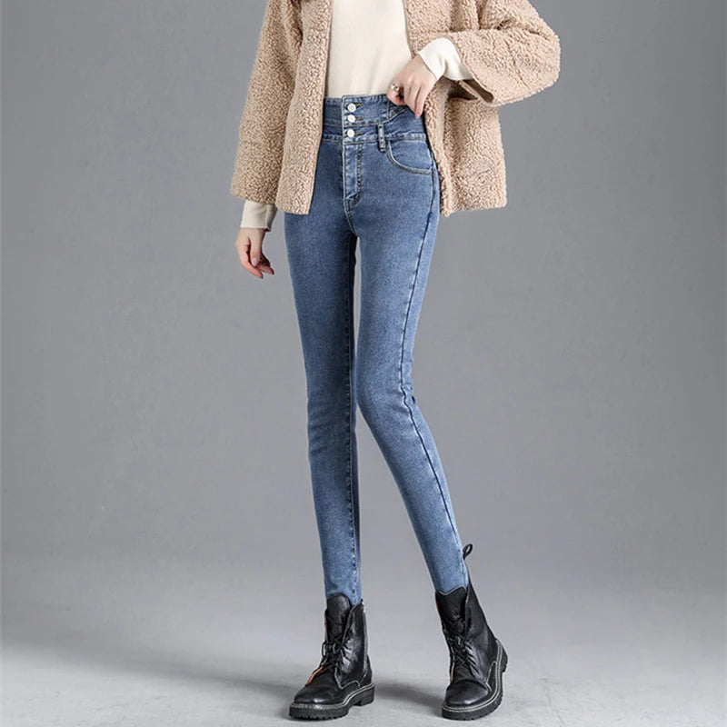 Winter Women Thick Velvet High Waist Skinny Jeans Simple Warm Fleece Slim Fit Stretch Trousers Casual Ladies Denim Pencil Pants