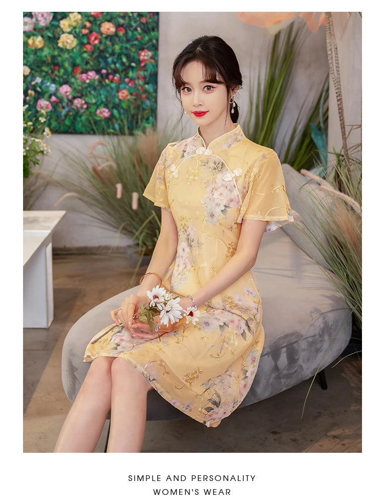 Summer Improved Young Style National Style Embroidered Floral Short Sleeve Women's Qipao Dress Chinese Traditional Cheongsam - Seprincess