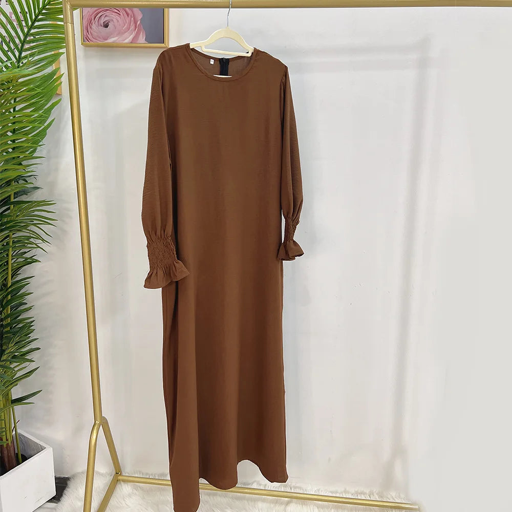 Under Abaya Inner Long Slip Dress Solid Color Smocked Cuffs Islamic Clothing Muslim Woman Casual Dubai Turk Modest Hijabi Robe - Seprincess