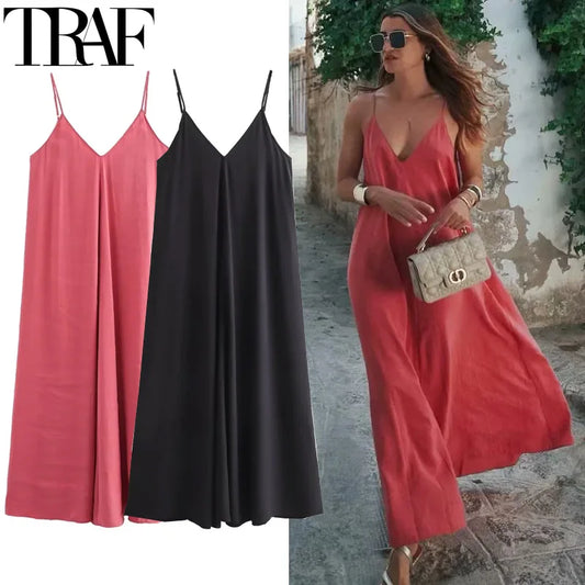 TRAF Slip Dress Women 2024 Summer Women's Loose Dresses Sleeveless Thin Straps Black Long Dresses Backless Beach Holiday Dresses - Seprincess