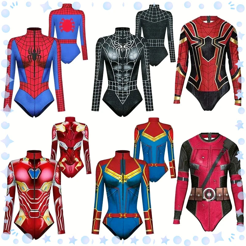 2024 New Superhero Bodysuit for Women Men Spiderman Iron Man Cosplay 3D Print Long Sleeve Swimsuit Adult Carnival Costume - Seprincess