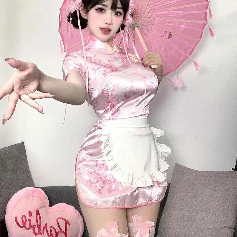 Sexy Chinese Women Cheongsam Cute Maid Role Play Outfit Apron Dress Uniform Kawaii Anime Little Chef Qipao Cosplay Costume - Seprincess