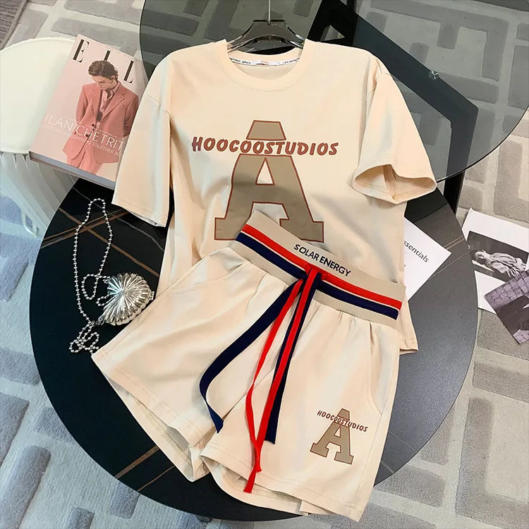 2024 Summer Women Clothing Set Short Sleeve T-Shirt+Shorts 2Pcs Suit Letter Print Female Casual Loose Tracksuit Fashion Outfits - Seprincess