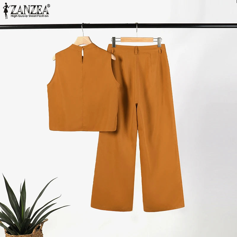 ZANZEA Elegant Women Matching Sets Summer Tracksuits Causal Pant Sets Sleeveless Blouse & Trousers Suit Fashion Outfits Oversize - Seprincess