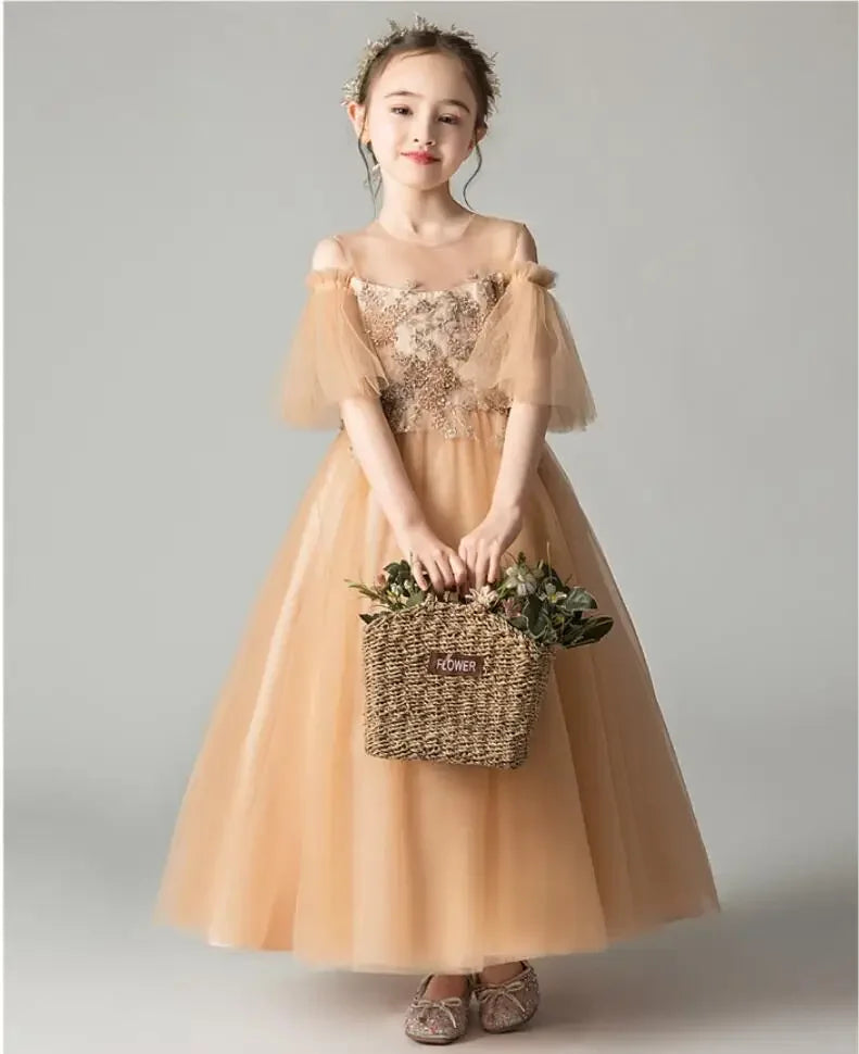 Golden Sequin Flower Girl Dress Off Shoulder Children Wedding Bridemaid Dress Long Gowns Girl Boutique Party Wear Elegant Frocks - Seprincess