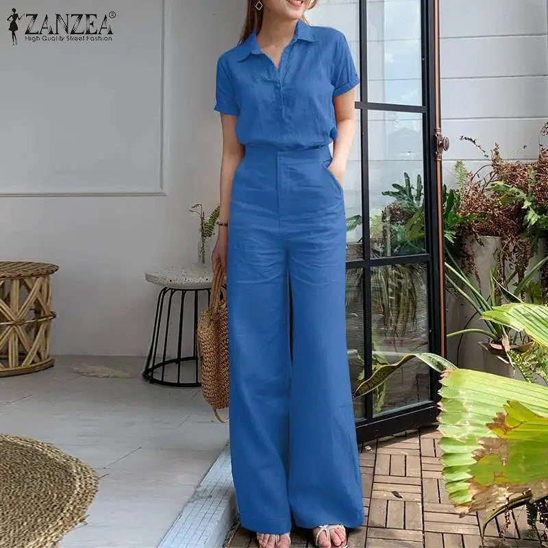 ZANZEA Summer Women Matching Sets OL Work Outfits Causal Short Sleeve Shirt Loose Wide Leg Pants Fashion Suit Urban Tracksuits - Seprincess