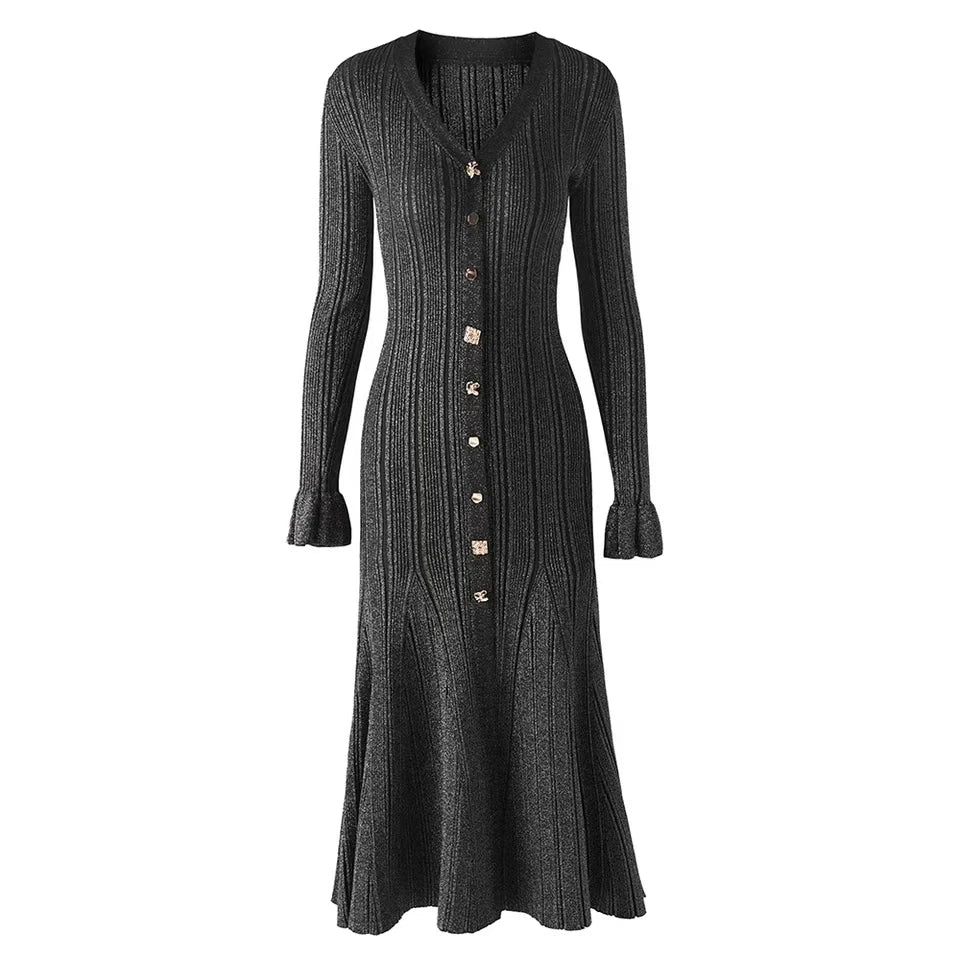 2024 New Autumn Winter Women Knitting Casual V Neck Long Sleeve Single Breasted Soft Warm Party Long Dresses - Seprincess