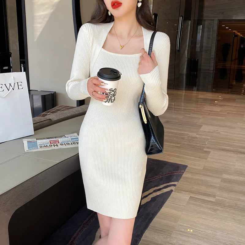 For Fall and Winter Bodycon Bandage Female Knit Evening Dresses White Korean Fashion Black Wrap Woman Knitted Sweater Dress Sexy - Seprincess