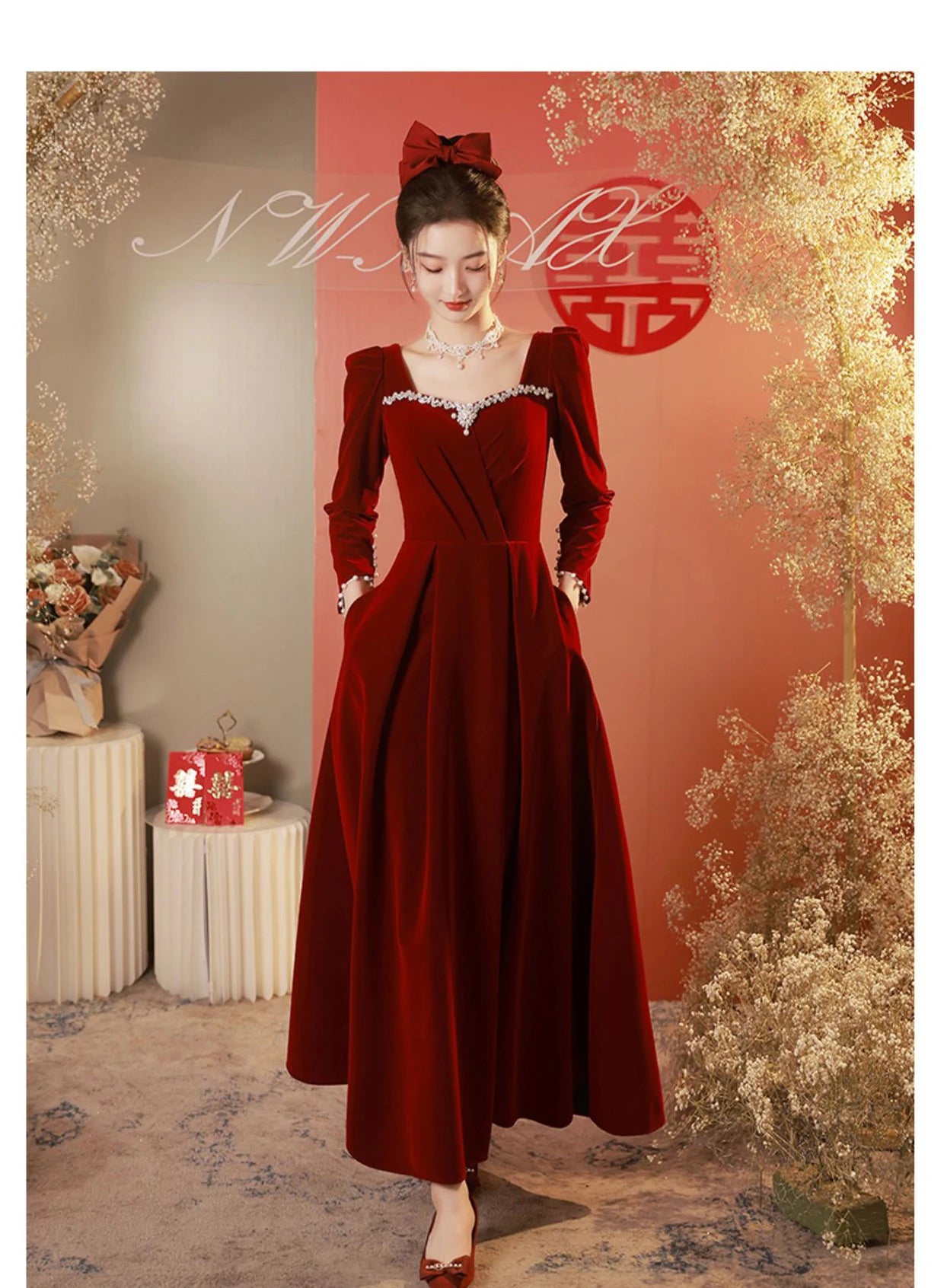 Burgundy Velvet Prom Dresses Square Collar Long Sleeve Pearl Crystal Long Engagement Dress Plus Size Female Formale Gowns - Seprincess