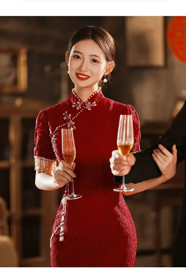 Mermaid Chinese Traditional Dress Red Wedding Bride Toast Clothing Sexy Ladies Cheongsam for Evening Party Woman Vintage Qipao - Seprincess