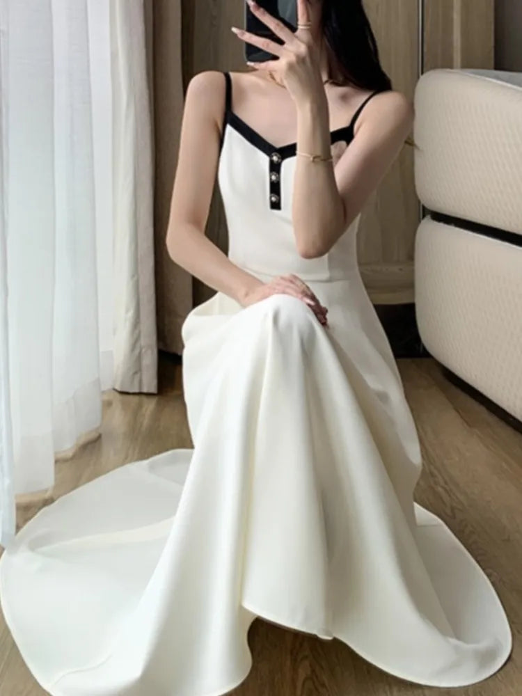 Fashion Korean Women Elegant Casual Dress Set Vintage Crop Jackets Sleeveless A-Line Strap Dress Two Pieces Set Female Clothes - Seprincess