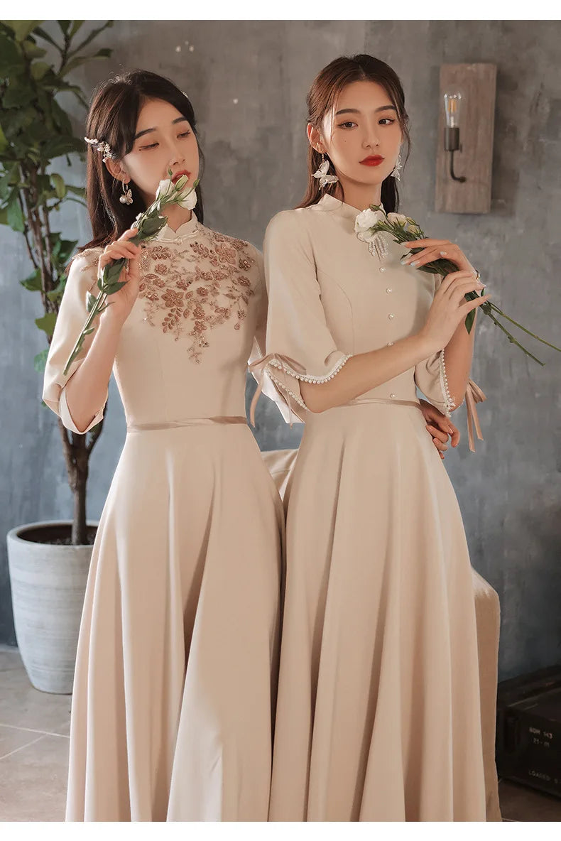 Slim A-line Mandarin Collar Qipao Female Chinese Styles Bridesmaid Dress Appliques Flower Pearl Cheongsam Party Prom Gown - Seprincess