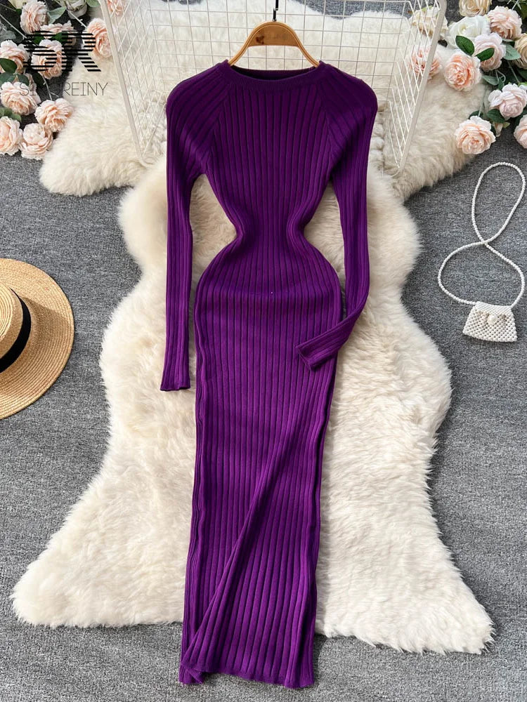 SINGREINY Winter Women Knit Maxi Dress O Neck Autumn Long Sleeve Slim Solid Harajuku Ladies Fashion Pencil Sweater Long Dresses - Seprincess