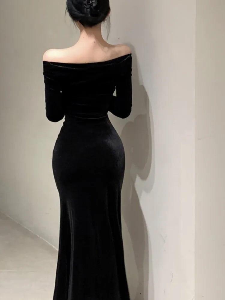 Women's Sexy Black Velvet Dress Elegant Chic Off Shoulder Lace Split Evening Party Dresses Autumn Female Bodycon Vestidos Mujer - Seprincess