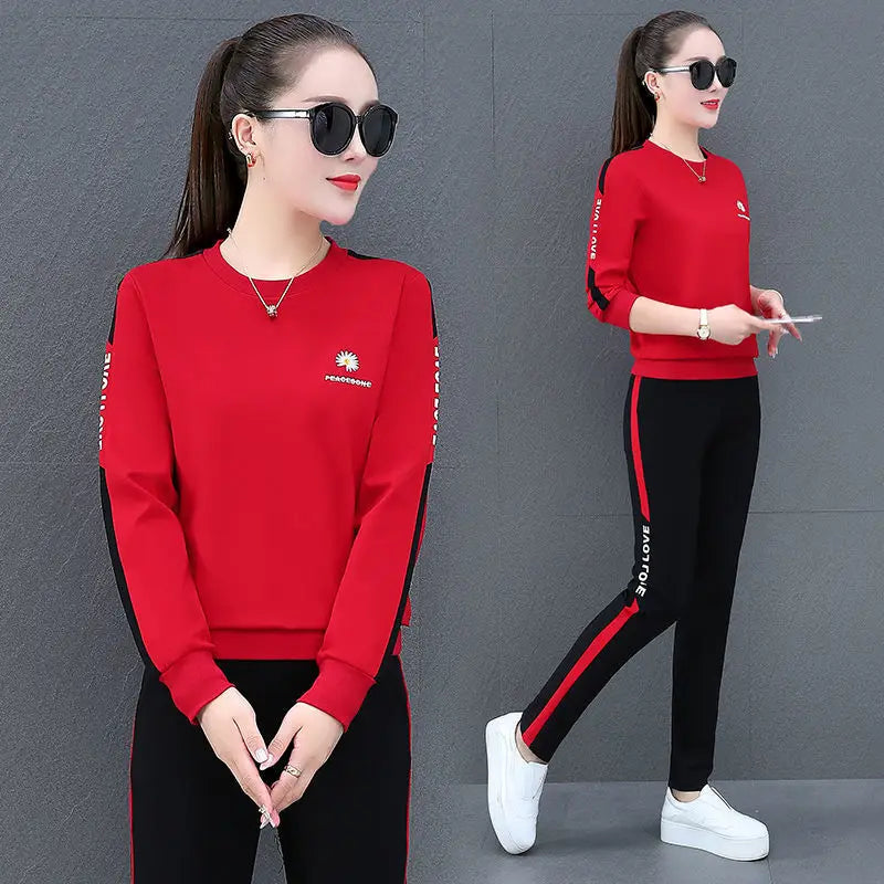 2022 Summer New Daisy Loose Pants Suit Women's Track Korean Version Splicing Long Sleeved Top and Trousers Two Piece Set - Seprincess