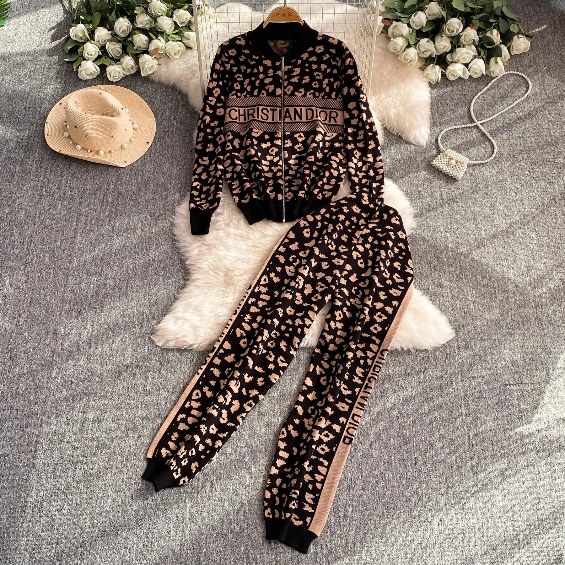 Chic Fashion Korean 2PC Suits Ladies O-Neck leopard-print Knitting Cardigan+High Waist Wide Legs Pants Basic Casual Sets - Seprincess